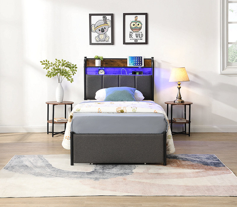 Bed Frame, Storage Headboard With Charging Station, Solid And Stable, Noise Free, No Box Spring Needed, Easy Assembly, Twin