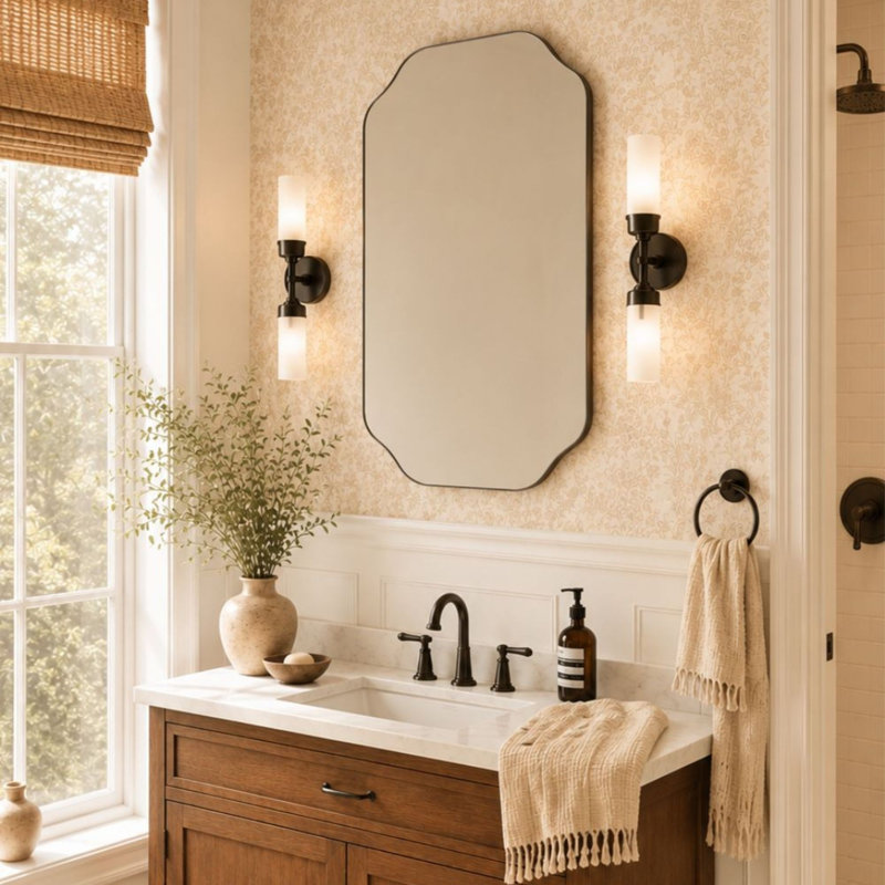 Miroir mural festonné pour salle de bain, H 40 po x l 30 po, Noir mat