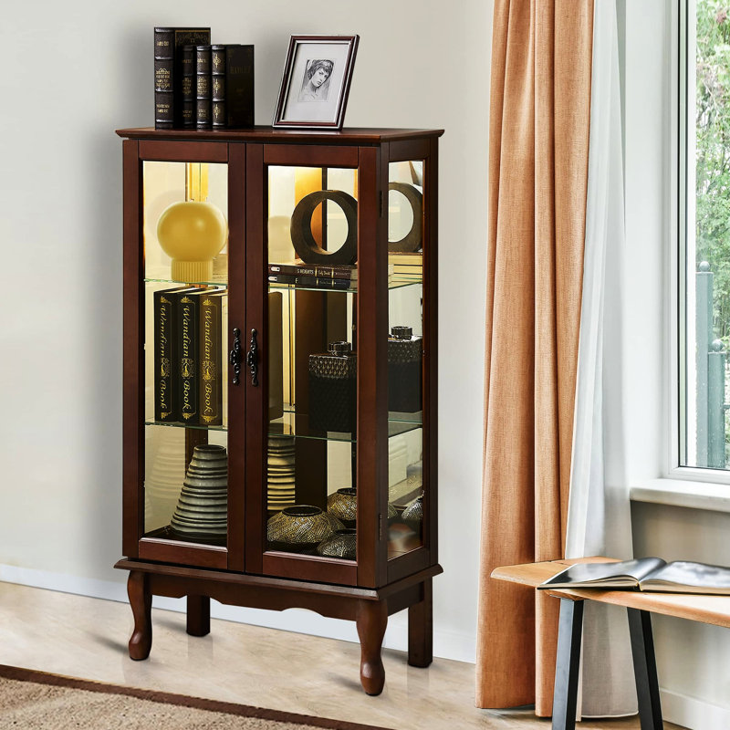 Vitrine en noyer avec dossier en miroir et tablette de rangement réglable, H 25,61 po x l 11,59 po x P 42,93 po, Noyer