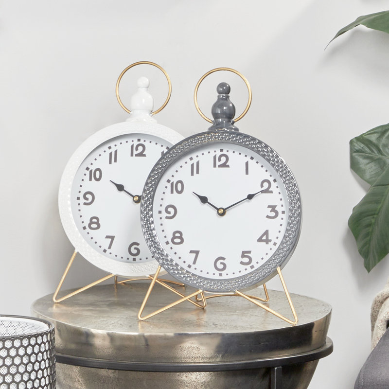 Horloge de table analogique à quartz en métal gris / blanc