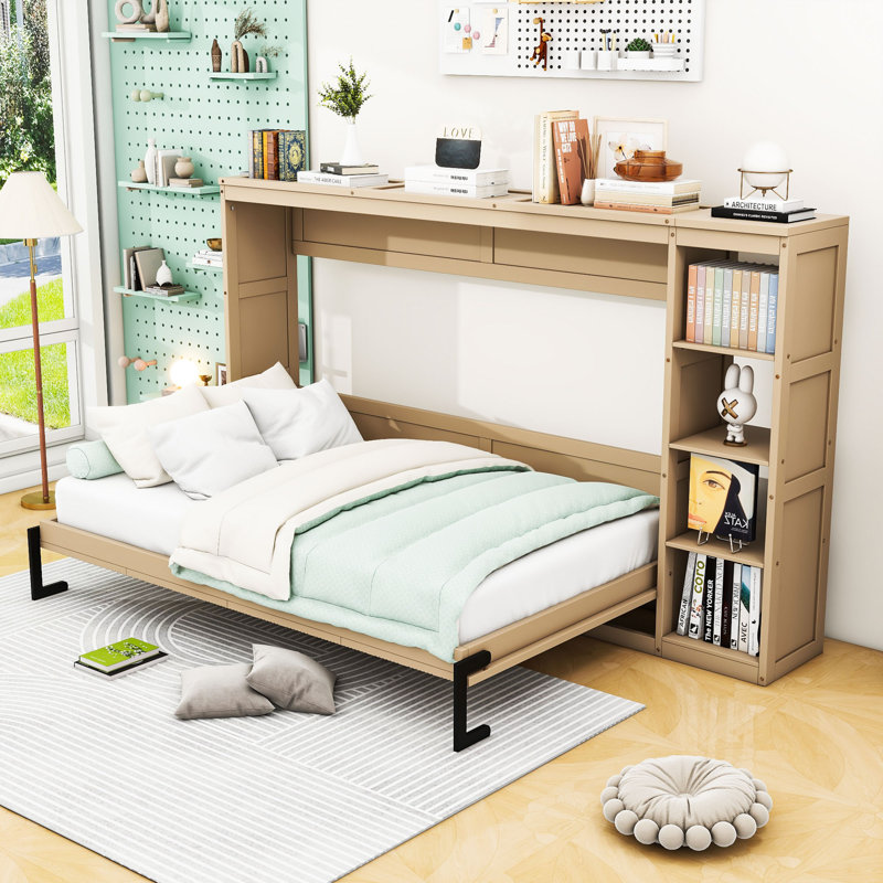 Lit escamotable en bois avec tablettes intégrées, Naturel, Double