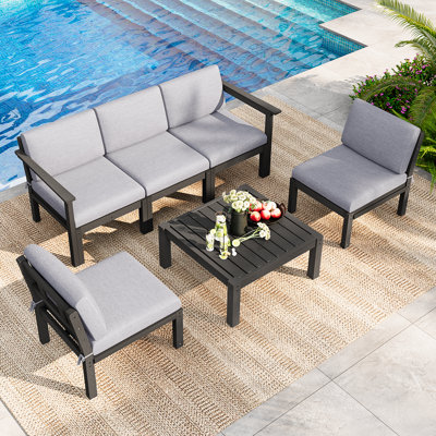 Ensemble de conversation modulaire de patio pour 5 personnes avec coussins, ensemble de conversation de 6 pièces imperméable toutes saisons pour l'extérieur, noir