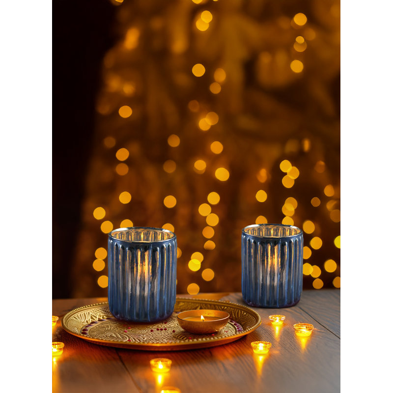  Porte-bougie en verre côtelé Lumiglow Blue