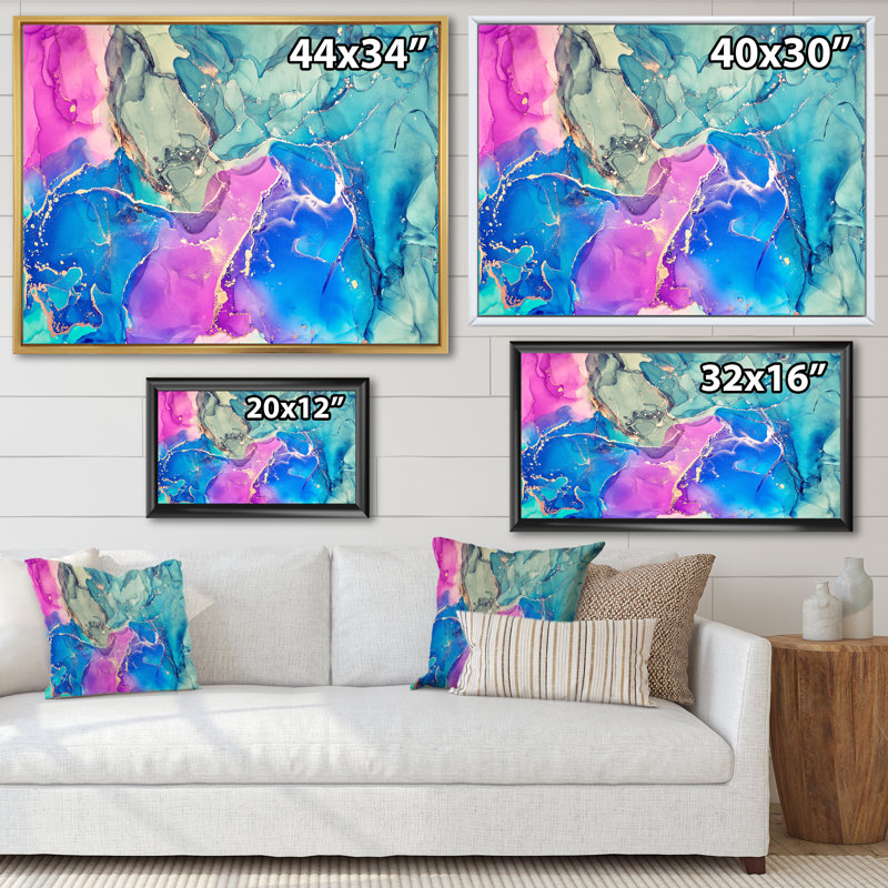 Art abstrait liquide rose et mauve III - reproduction sur toile, Cadre flottant brun, H 34 po x l 44 po x P 1,5 po
