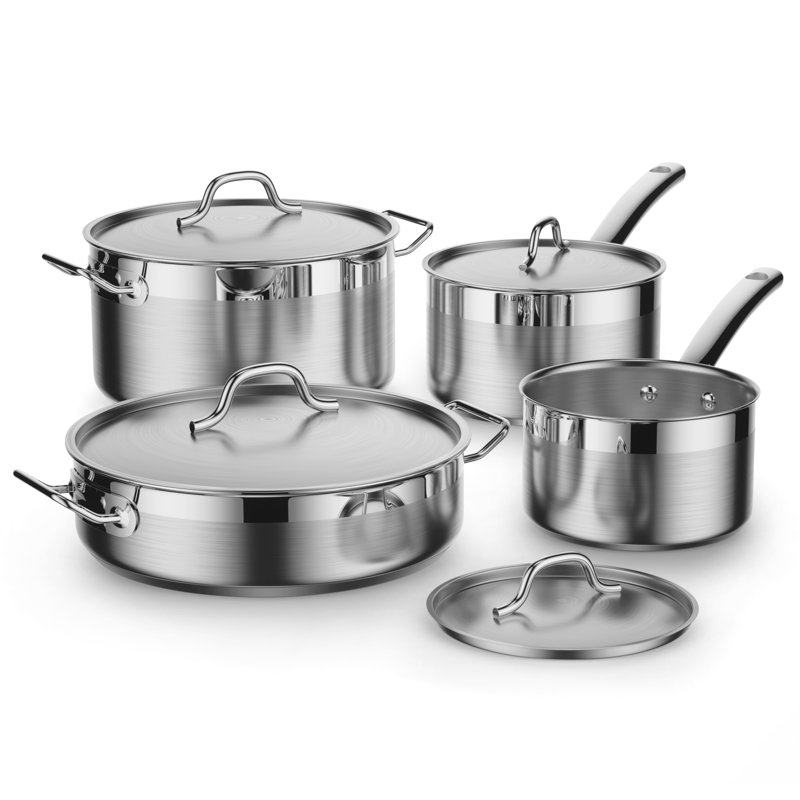 Ensemble de batterie de cuisine professionnel standard Cooks, casseroles en acier inoxydable comprenant des casseroles, une poêle à sauter, une cocotte avec couvercles - compatible avec l'induction, 8 pièces