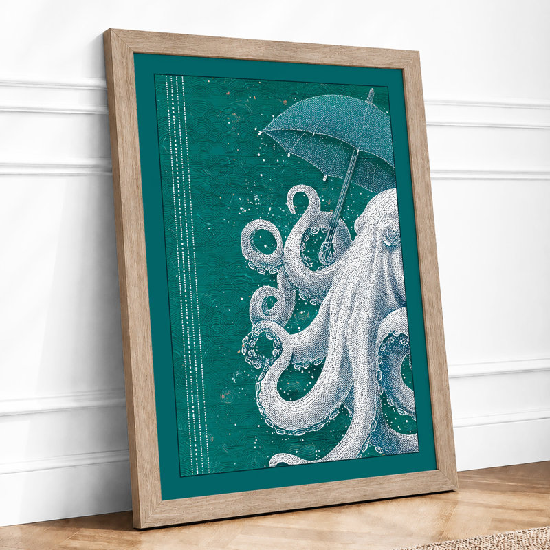 Octopus Under Umbrella Coastal - Print, A1 - 84.1 x 59.4 cm, Oak