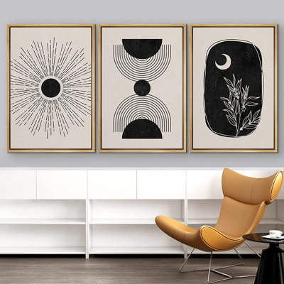 IDEA4WALL Framed Canvas Print Wall Art Set Geometric Shining Sun Crescent Moon Tree Polygons Abstract IRS14