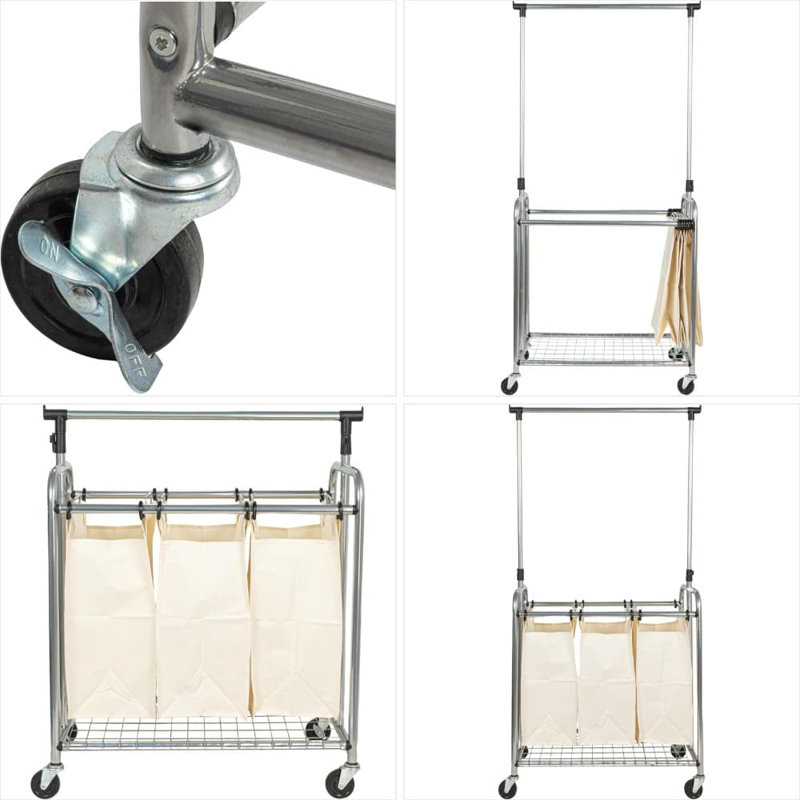 3-Bag Laundry Sorter With Removable Garment Rack, Lightweight Rolling Laundry Cart With Washable Bags And Sturdy Steel Frame For Home Organization
