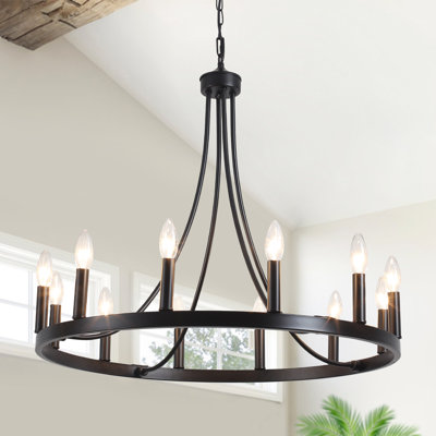 Hendon 12- Light Large Farmhouse Wagon Wheel Chandelier Candle Style Rustic Round Lights Fixture for Kitchen Island Living Room Foyer Entryway