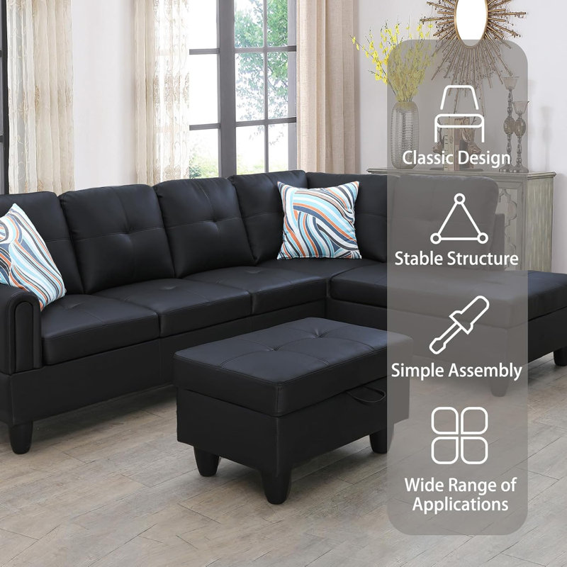 3-piece Faux Leather Sectional Sofa, Black Faux Leather