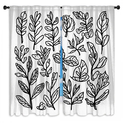 Black White Botanical Leaves Window Curtains Botanical Sheer & Room Darkening - 2 Panels