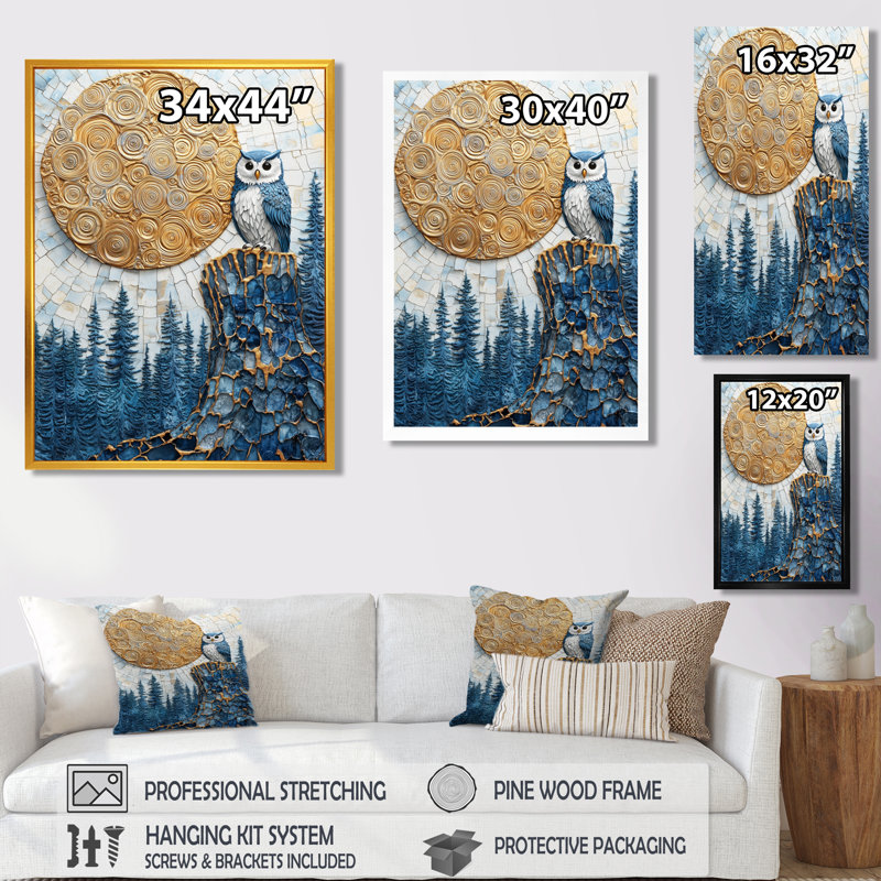 Genya Owl Into Saphir Forest Landscape III - impression sur toile de hibou, Cadre flottant imprimé sans passe-partout, Noir