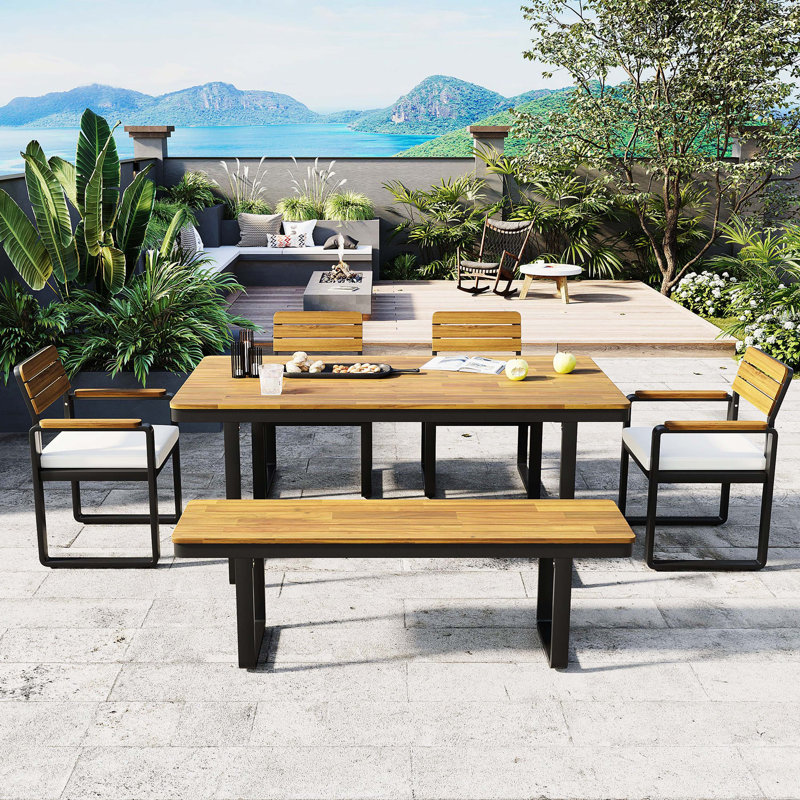 6-Piece Outdoor Dining Set, Acacia Wood, 1 Table With 4 Chairs & 1 Bench For 6-7 Person, Comfortable Cushions On Chairs, Adjustable Feet, For Patio, Garden, Backyard Dining, Beige Cushion