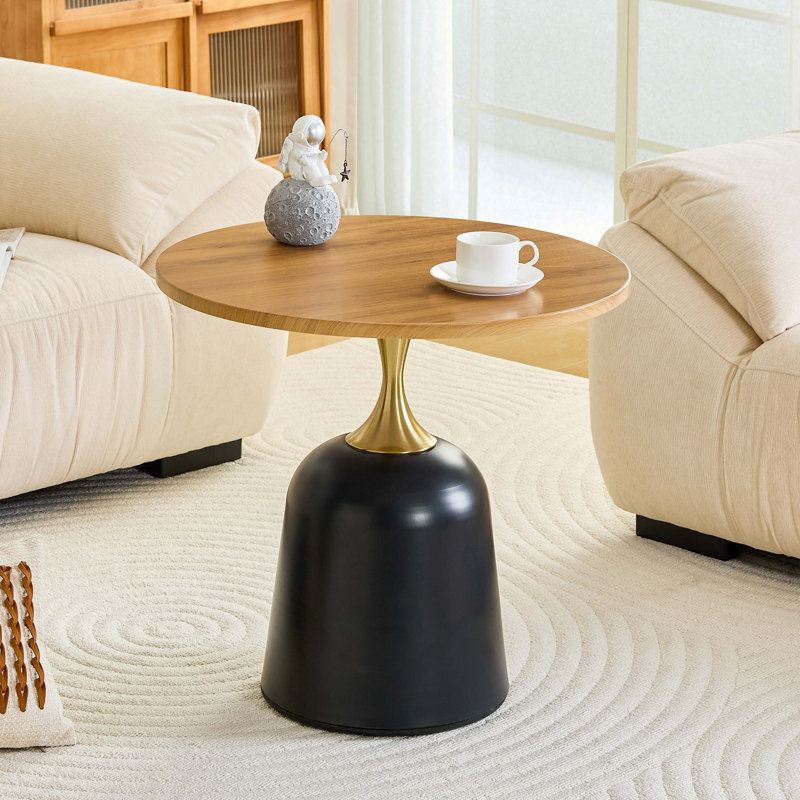 Table basse de table d'appoint circulaire de 23,6 pouces, table de salon à base en métal, décoration moderne simple grain de bois, bureau de tête de lit de canapé circulaire unique