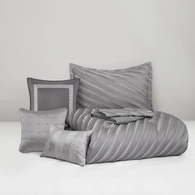 Queen Comforter Grey 7 Pcs - Modern Elegance Diagonal Striped, Shimmering Bedding, Matching Shams, Decorative Pillows