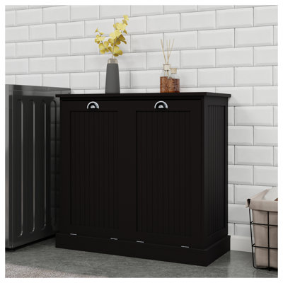 Black Two-Compartment Tilt-Out Laundry Sorter Cabinet - MDF Laundry Storage Organizer with Removable Cloth Bags