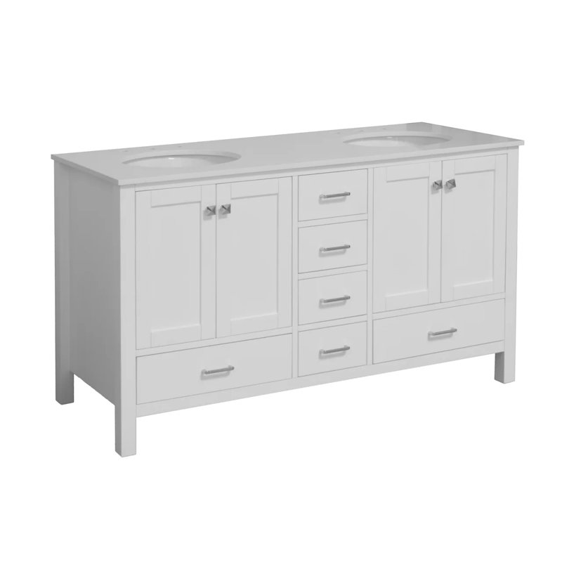 Claudett 60'' Double Bathroom Vanity with Top, White, Engineered White