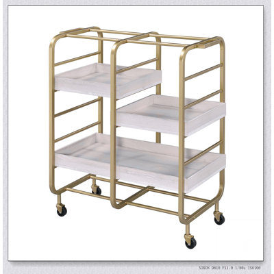 Chariot de service doré et délavé avec 3 plateaux réglables, parfait pour recevoir et manger