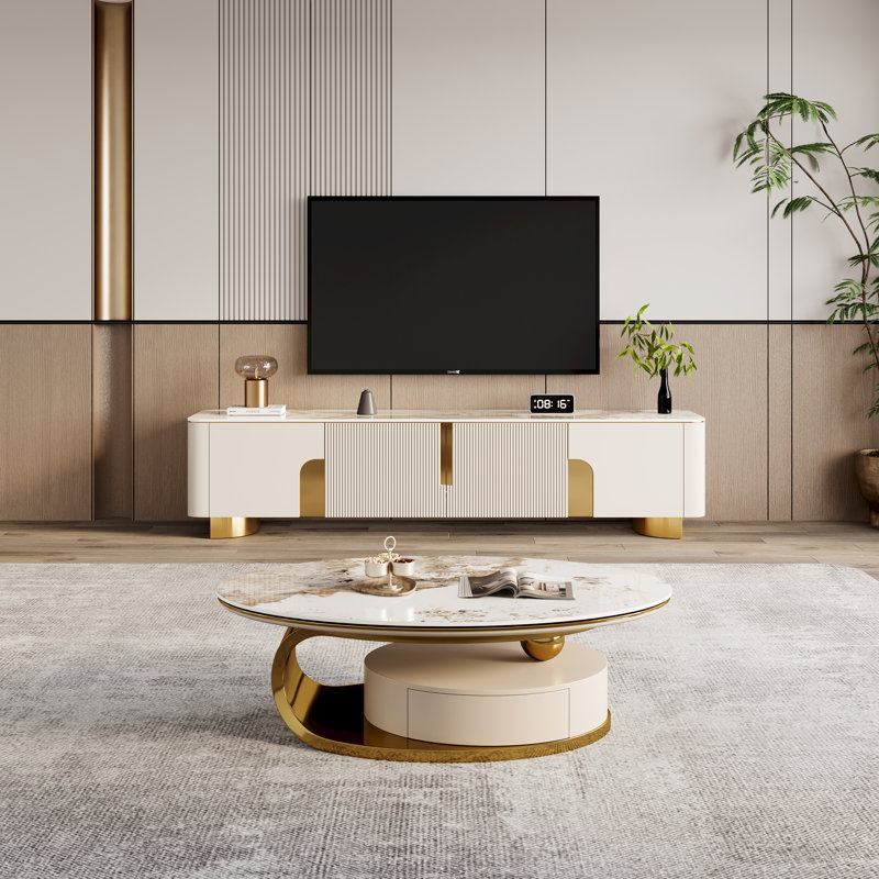 Table basse 51,2 pouces ovale en faux marbre avec tiroirs
