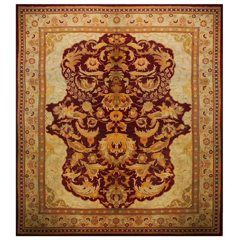 1880s Red-Wine Medallion Antique Indian Amritsar Carpet 18'10"x20'10" Wool Rug