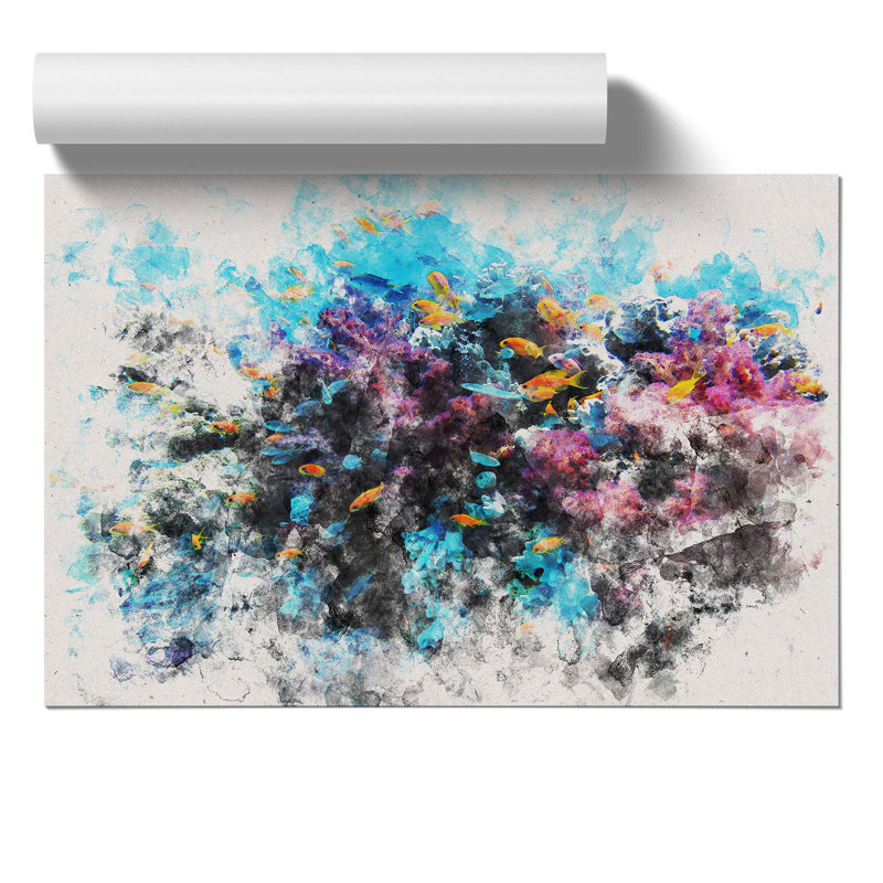 Coral Reef and Fish Watercolour - Wall Art, 59cm H x 84cm W x 0.1cm D, Unframed