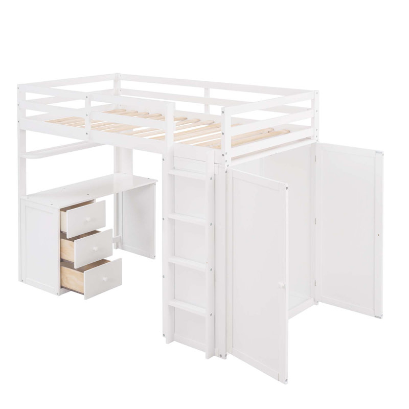 Lit mezzanine avec tiroirs, bureau et garde-robe, Lit simple, Blanc