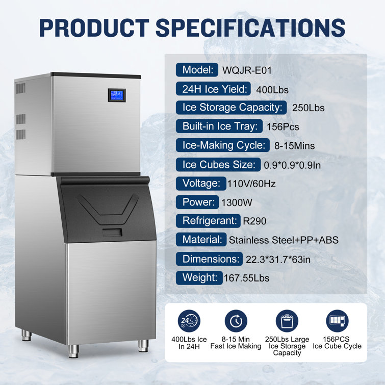 Velivi 400 lb. Daily Production Cube Clear Ice Freestanding Commercial Ice Machines WQJR-E01