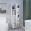 Armoire de salle de bain H 63 po en lin avec sept tablettes ouvertes, un tiroir et quatre pieds Mott, blanc