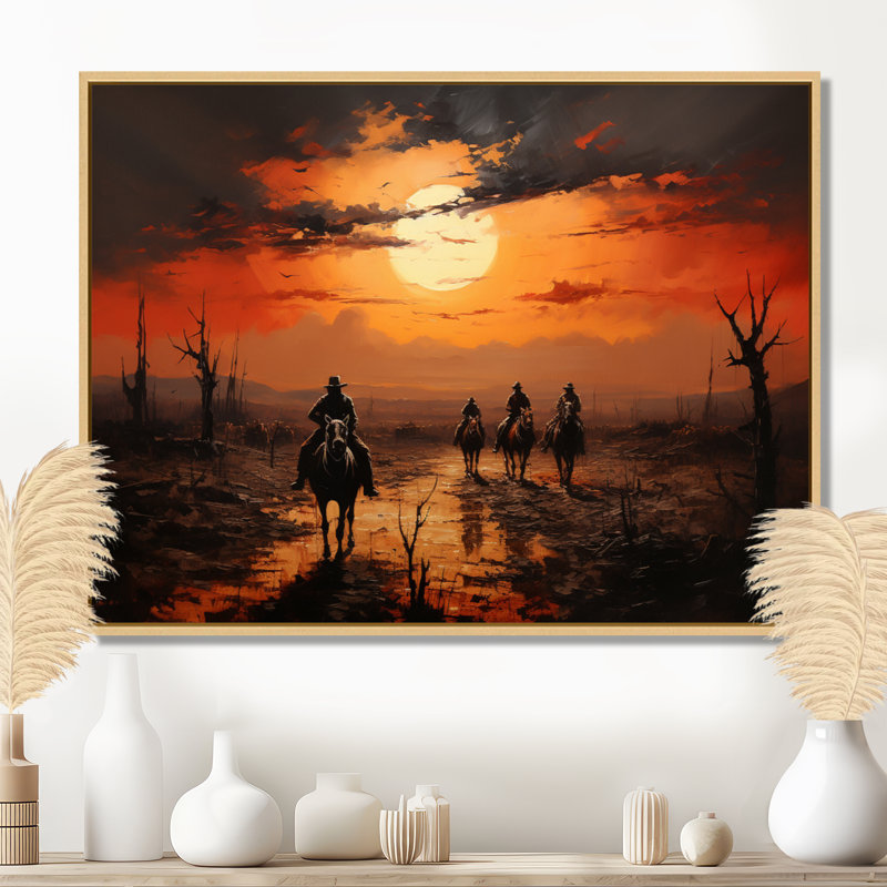 Western Sunset Riders Pointillism Art I - décoration murale occidentale, H 24 po x l 32 po x P 1 po, Cadre flottant érable