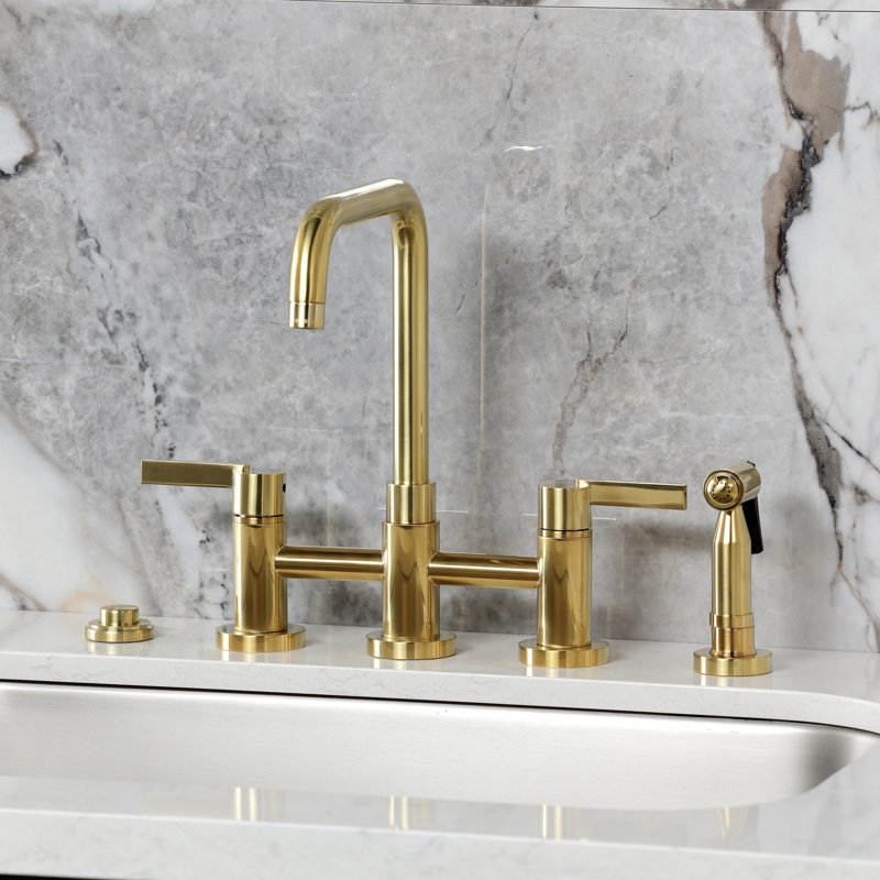 Kingston Brass Continental Two-Handle 4-Hole Deck Mount Bridge Kitchen Faucet with Brass Side Sprayer, Brushed Brass