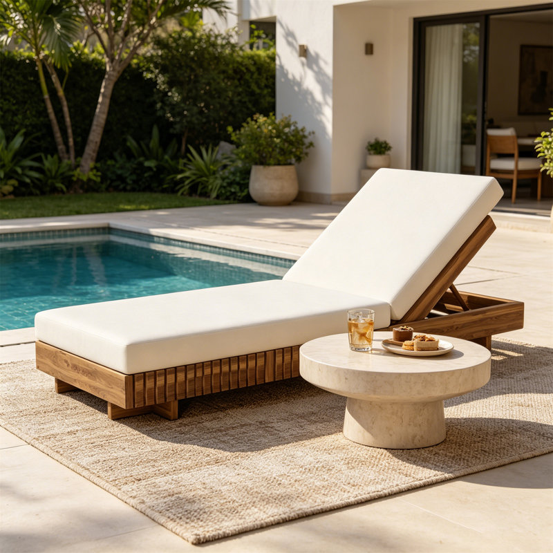 LOUNGE CHAISE SET, ACACIA SOLID WOOD WITH  LOUNGE CUSHION (Cream) - Matching Dark Grey Version Available, White