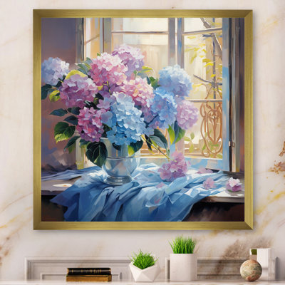 Nature morte vase hortensia bouquet pastel doux sur toile