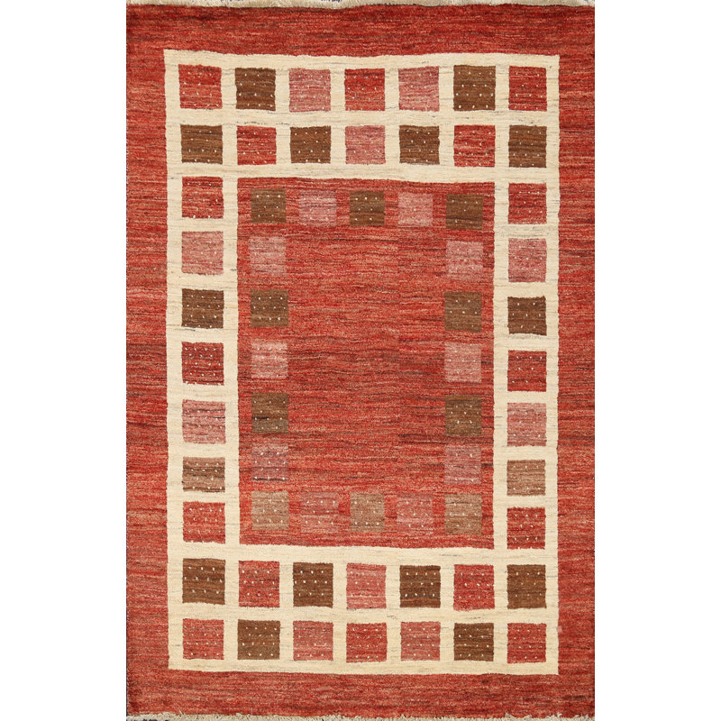 Tapis rouge en laine noué à la main de conception unique 4 pi 9 po x 6 pi 3 po New Age