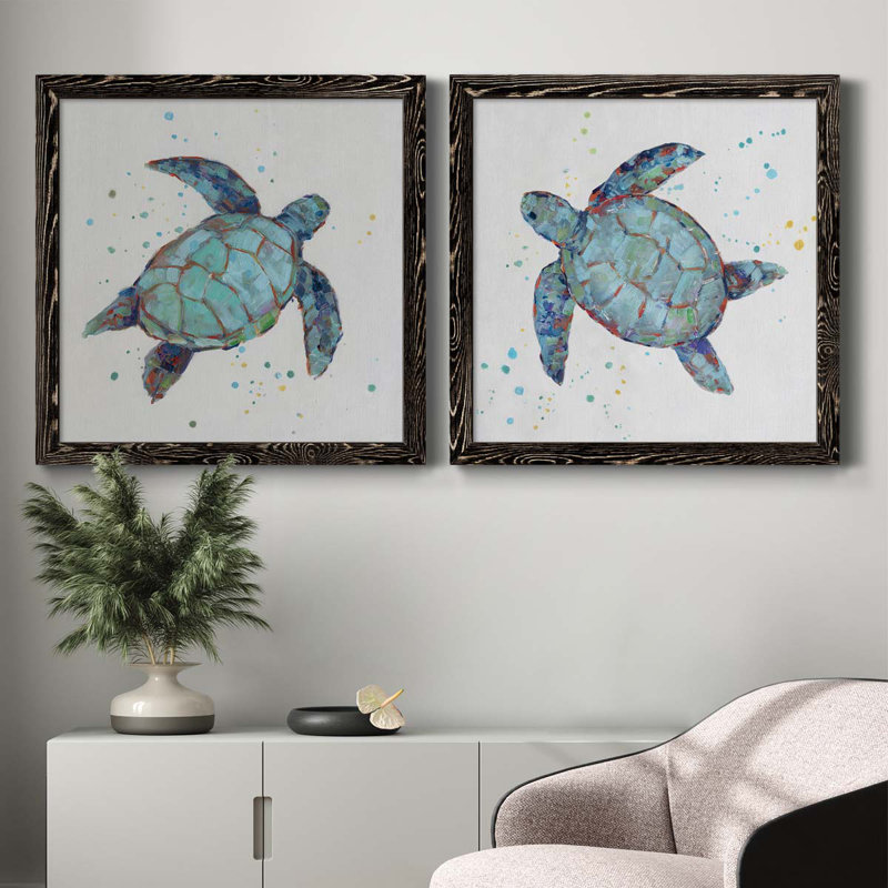 Bubble Blue Turtle I - ensemble de 2 peintures sur toile encadrées, Cadre noir, H 35,5 po x l 71 po x P 1,5 po