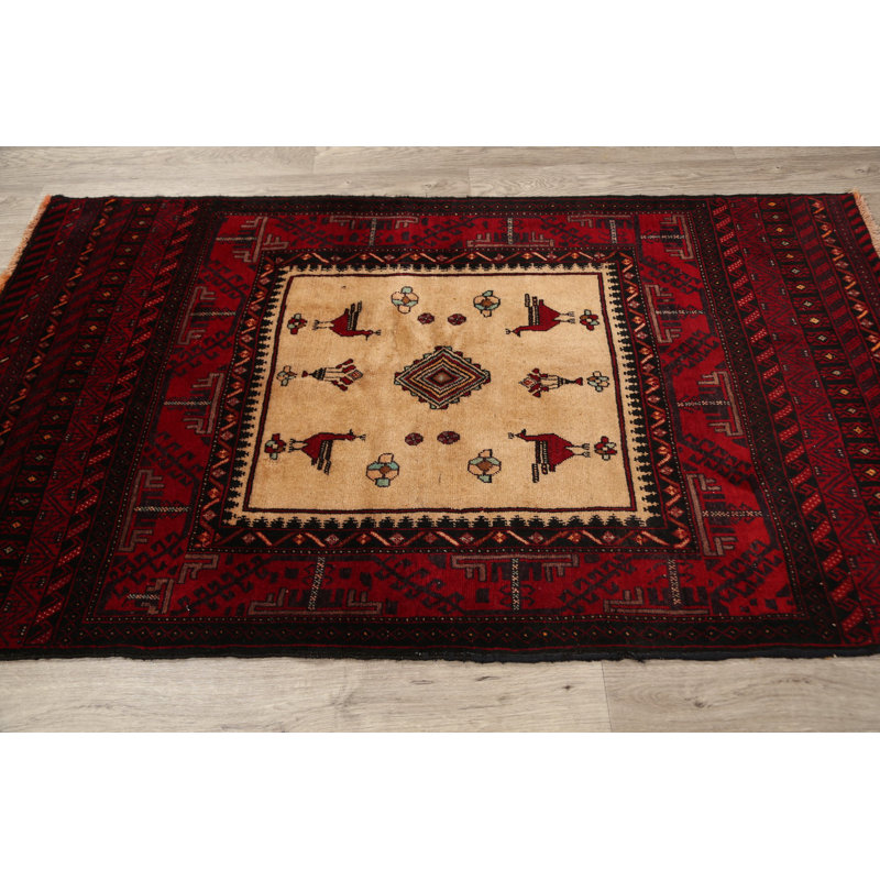 Tapis décoratif en laine de conception unique noué à la main Balouch rouge/beige 3 pi 6 po x 5 pi 11 po