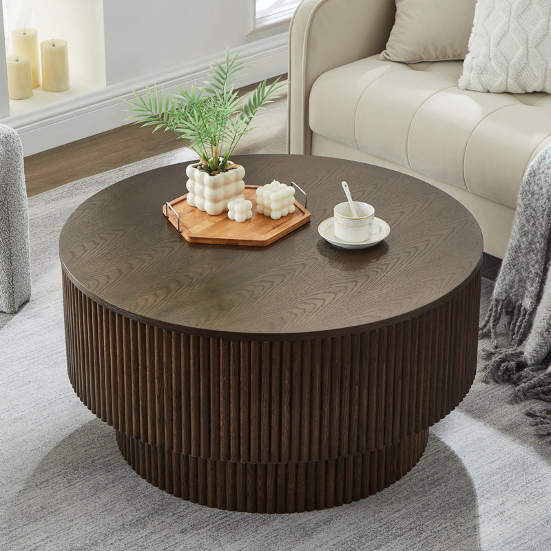 31.5" Pedestal Round Coffee Table with Storage - Modern Wood Design, Gray