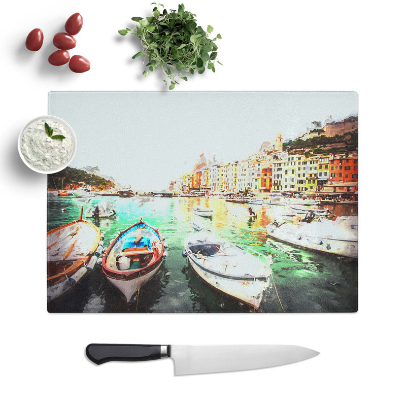 Tempered Glass Docked Boats in Portovenere Italy Chopping Board, 39 cm W x 28.5 cm L