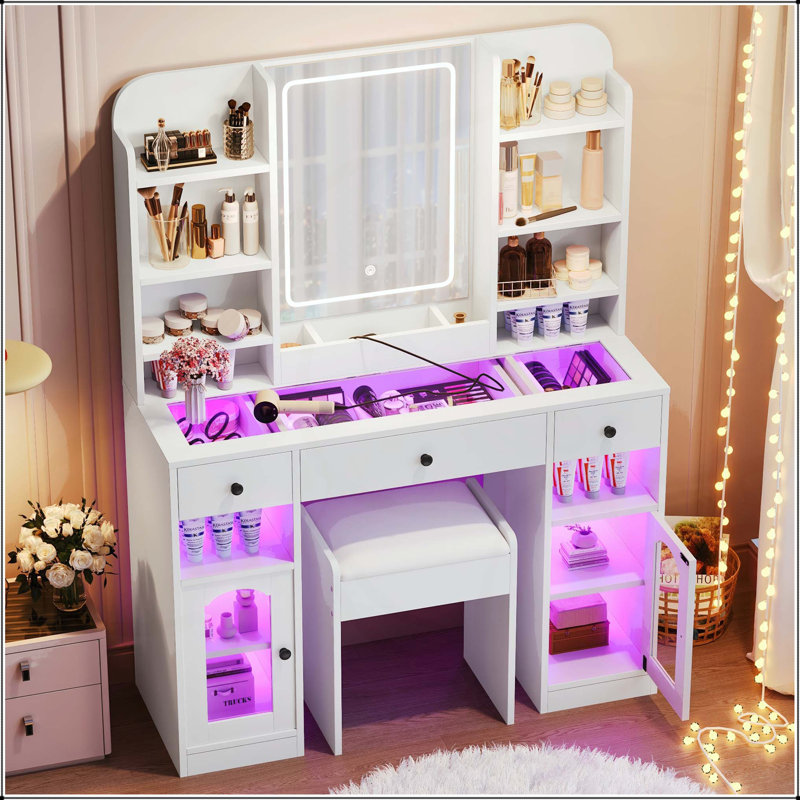 43.2" Vanity Desk with LED Mirror and RGB Light Cabinets, White