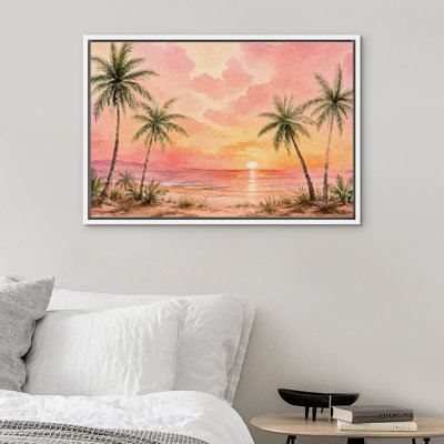 «Tropical Palm Tree Sunset Beach Landscape Coastal Artwork», reproduction d'art sur toile encadrée
