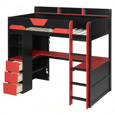 Lit mezzanine simple en bois avec bureau en forme de U, lumières DEL RVB intelligentes et ports USB, canapé-lit multifonctionnel à 3 tiroirs et tablettes de rangement pour les adolescents adultes