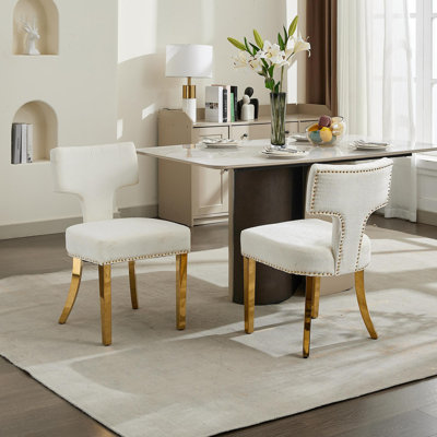 Ensemble de chaises de salle à manger de style Mid-Century moderne, ensemble de 2 chaises d'appoint en tissu chenille de ferme avec dossier incurvé et clous en cuivre, chaises de cuisine avec pieds plaqués en acier inoxydable doré
