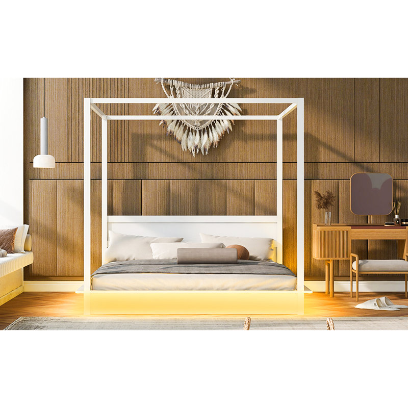 Très grand lit à baldaquin blanc à très grand lit avec DEL, polyvalent pour différents styles de chambre à coucher, blanc, lit, baldaquin à DEL, lignes épurées, décor intemporel