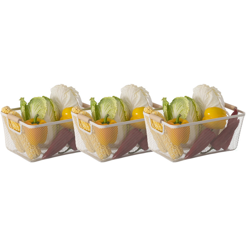  Set Of 3 Large Multipurpose Metal Mesh Basket With Wooden Handle Storage Organizers For Kitchen Bathroom Cabinet Closet Countertop Fruit Holder Picnic Food & Beverages Carrier & Home Decor