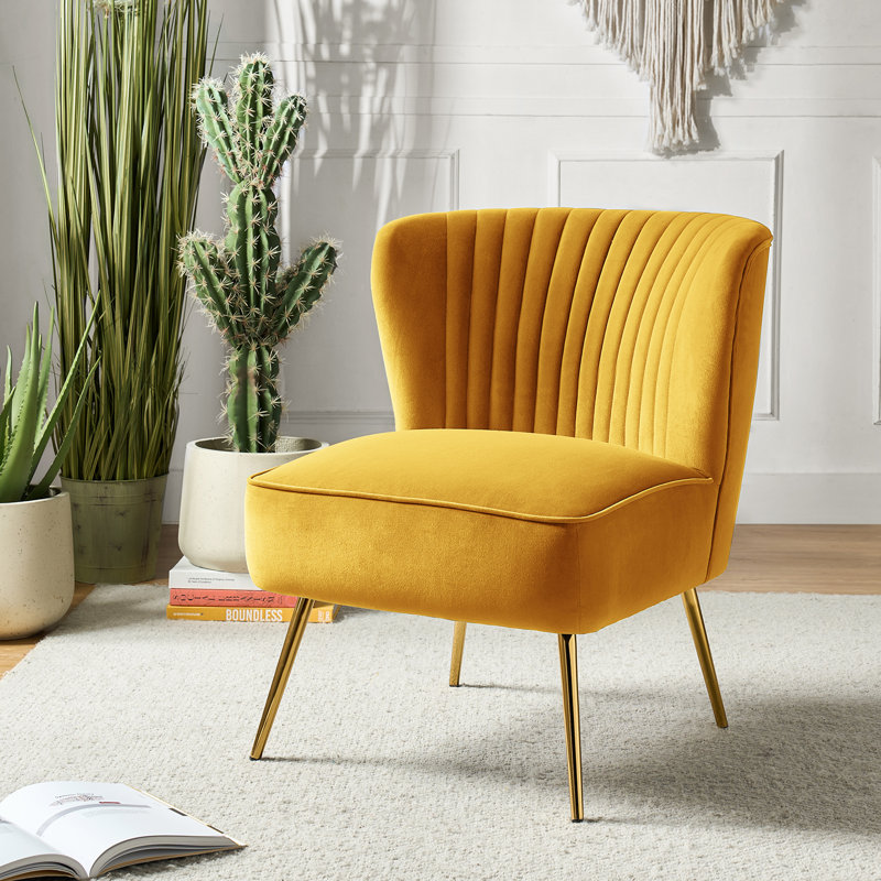 Euclid Velvet Accent Chair with Metal Legs, Velours moutarde