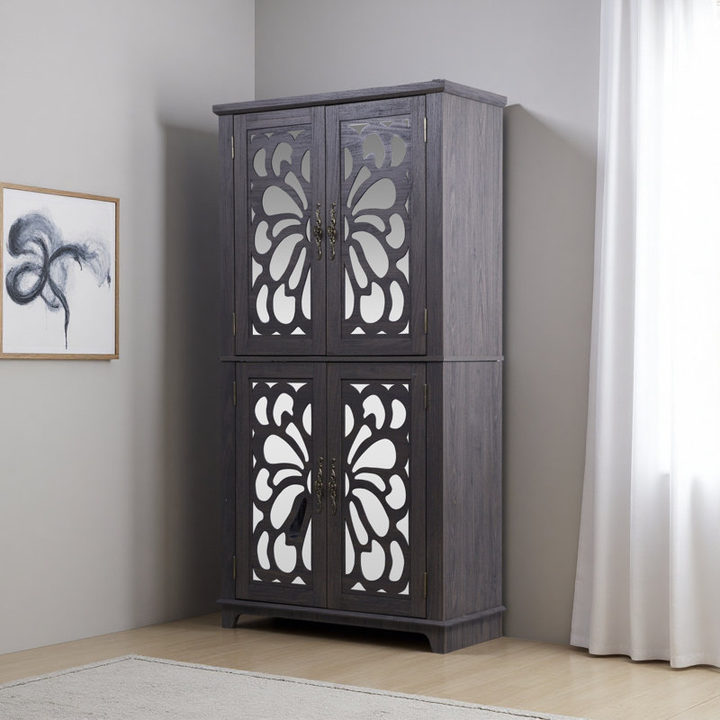 67.4"H 4 Doors Mirrored Doors Accent Storage Cabinet For Corner, Entryway, Living Room, Bedroom, Kitchen With Adjustable Shelves, Display Cabinet, Bookcase