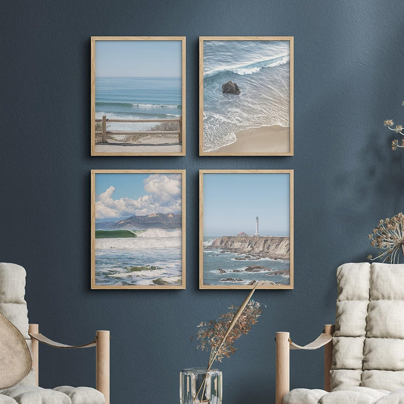 " Aerial View Blue Ocean Wave Beach Shore " 4 - Pieces, Natural Framed, 14" H x 11" W x 1" D