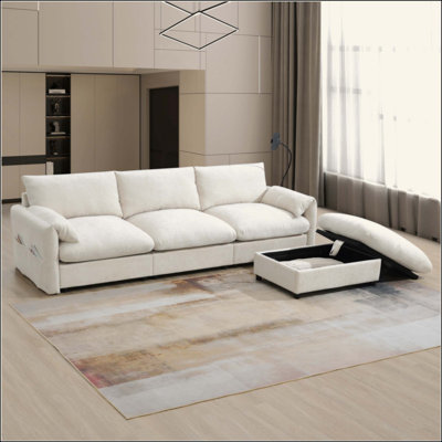 Canapé modulaire en L avec repose-pieds et poches de rangement, support de téléphone réglable, chargeur USB, accoudoirs éléphants en forme d'oreille, siège confortable pour le salon et appartement, chenille