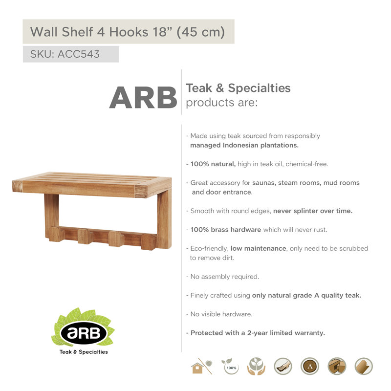 Teak Wood Brown Wall Shelf with 4 Hooks