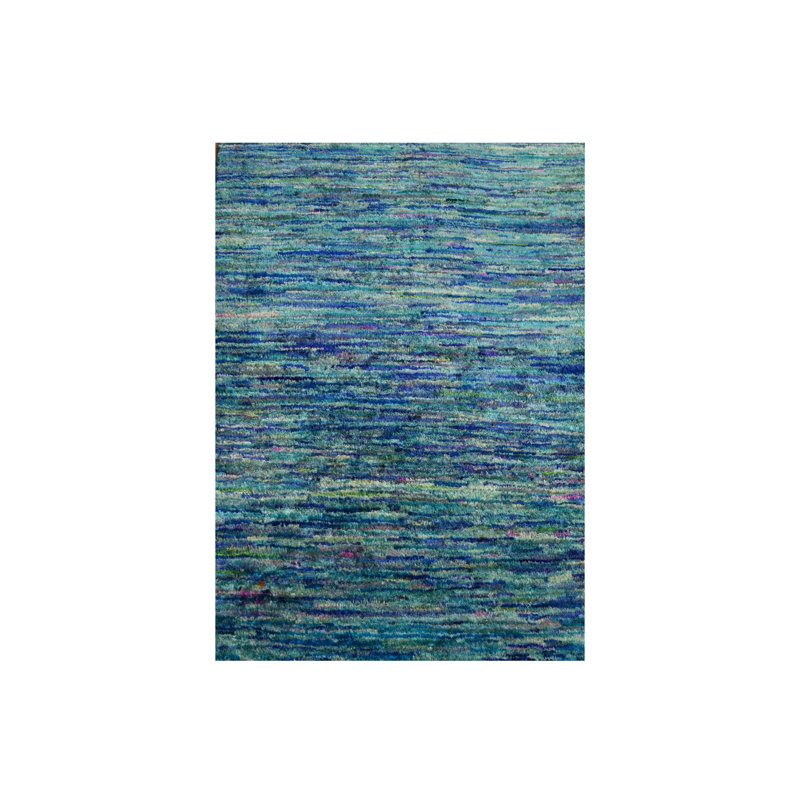 Tapis oriental bleu vif 2 pi x 3 pi avec mélange de bleu sarcelle, motif uni uni, tapis oriental en soie pure sari noué à la main