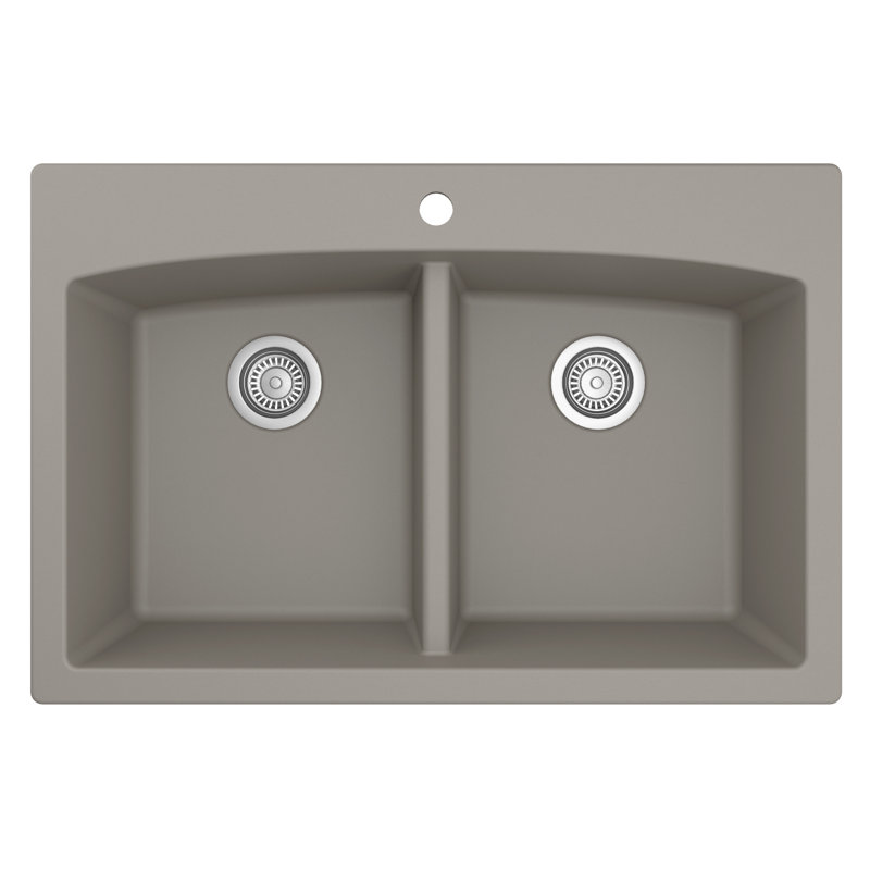 Karran Drop-in Quartz Composite 33'' X 22'' 1-Hole 50/50 Double Bowl Kitchen Sink, Concrete
